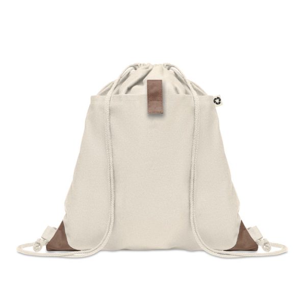 beige drawstring bag made from recycled cotton, perfect for eco-friendly storage and transport.