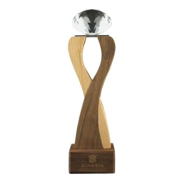 Wooden trophy with diamond shape crystal on top2 gift suppliers Wooden trophy with diamond shape crystal