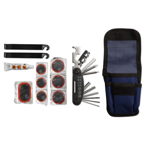 handy bike repair kit with all essentials, packed in a blue pouch for easy storage.