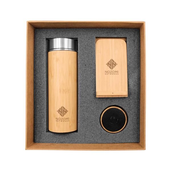 Bamboo gift sets2 gift suppliers Bamboo flask wireless charger stand and bluetooth speakers