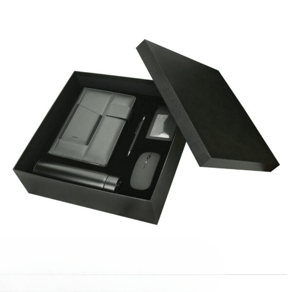 Corporate office gift set in black cardboard box2cleanup gift suppliers Cardboard box with cushion for safe packaging mouse id pouch flask and notebook