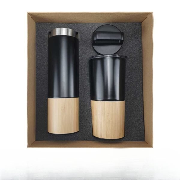 Ecofriendly gift sets2cleanup gift suppliers Bamboo lid black stainless steel tumbler and black stainless flask tumbler with bamboo