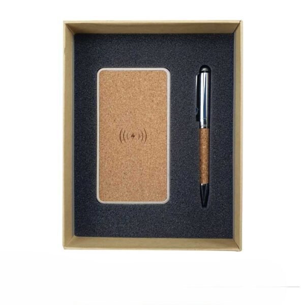 Ecofriendly gift sets2cleanup gift suppliers 8000mah eco friendly wireless power bank and cork metal pen