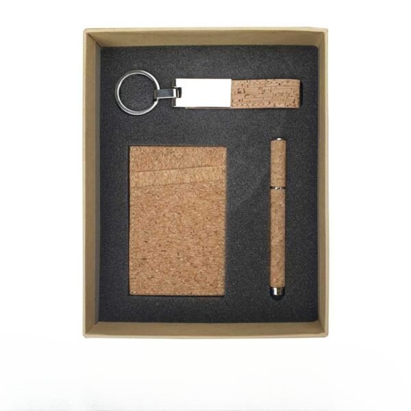 Ecofriendly gift sets2cleanup gift suppliers Cork pen with stylus metal keychain with cork strap and rfid protected cork card holder