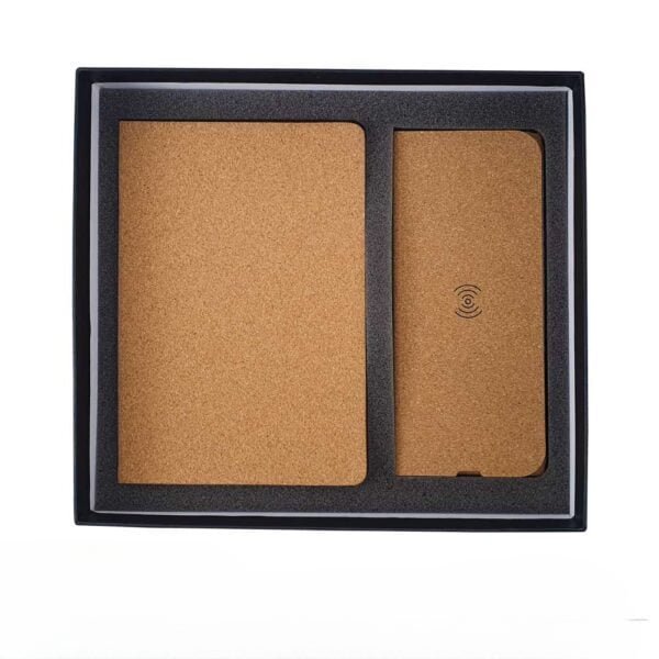 Ecofriendly gift sets2cleanup gift suppliers Cork cover a5 notebook and cork foldable mousepad with wireless charger