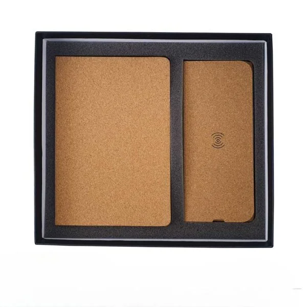 Ecofriendly gift sets2cleanup gift suppliers Cork cover a5 notebook and cork foldable mousepad with wireless charger