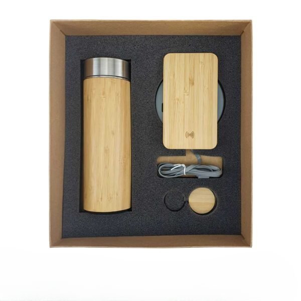 Ecofriendly gift sets2cleanup gift suppliers Bamboo flask with lid and wireless power bank for eco friendly charging