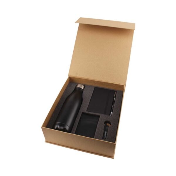 Promotional gift sets51 gift suppliers Sleek black bottle a6 pu notebook pen with stylus rfid card holder and durable metal keychain