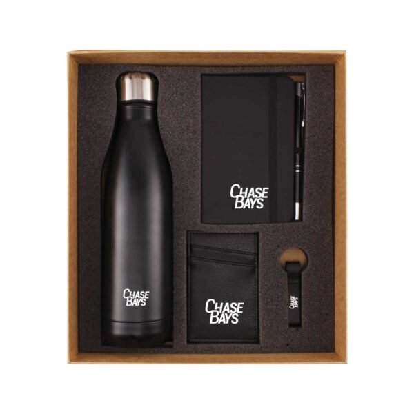 Promotional gift sets52 gift suppliers Black stainless steel bottle pu a6 notebook aluminum pen with stylus rfid card holder and metal keychain