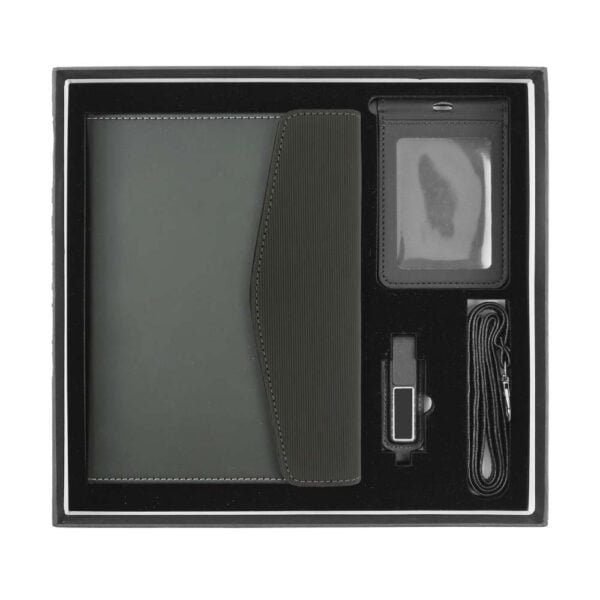 Promotional gift sets with black cardboard gift box13 gift suppliers Complete set a5 pu notebook leather lace id card holder and 32gb black usb with light up logo