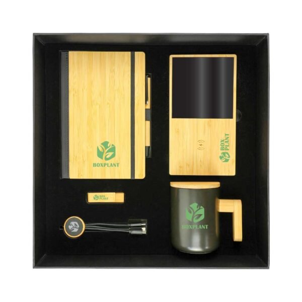 Promotional gift sets with black cardboard gift box22 gift suppliers Eco bamboo collection notebook pen mug charger usb drive and cable