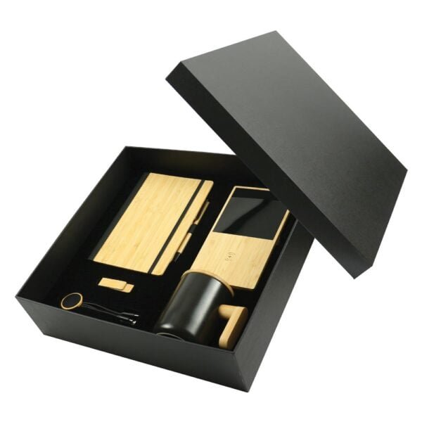 Promotional gift sets with black cardboard gift box23 gift suppliers Bamboo set with a5 notebook pen mug with lid charger usb drive and cable