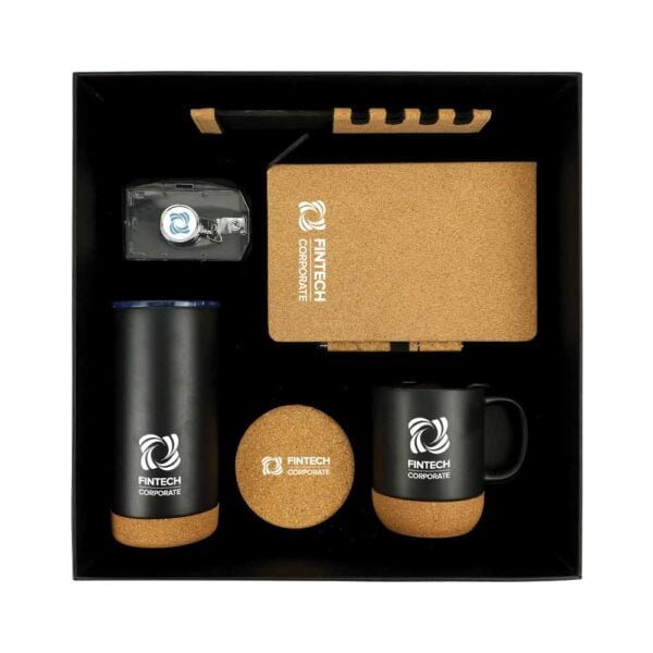 Promotional gift sets with black cardboard gift box82 gift suppliers Cork notebook stylus pen tumbler reel badges card holders coasters mousepad and cork mug