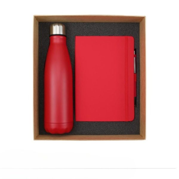 Stylish red 500ml stainless steel travel bottle, A5 PU notebook, and metal pen with stylus.