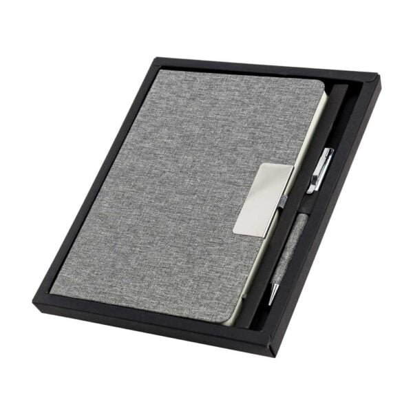 Notebook ballpen fabric and metal in a protective black gift box with cushioning gift suppliers Promotional rpet gift sets with black cardboard gift box