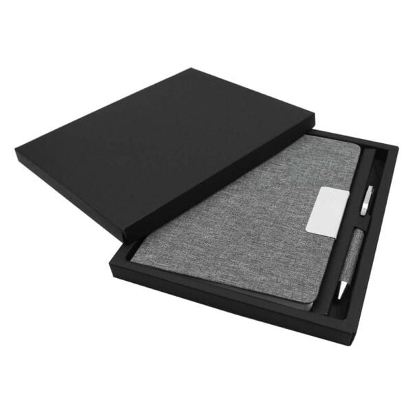 Promotional rpet gift sets with black cardboard gift box26 gift suppliers Notebook ballpen fabric and metal enclosed in a black cardboard gift box with cushioned protection