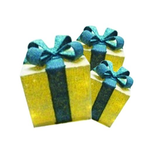 Gold gift boxes with blue bows and lights, adding an inviting glow to Christmas displays. Available in 20cm, 25cm, and 30cm sizes, these boxes bring warmth and elegance to your holiday decor.