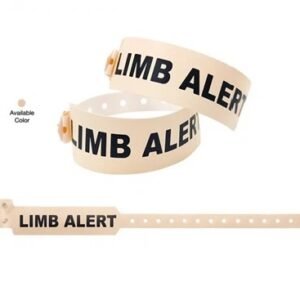 Patient limb alert wristband with clear warning label and snap button