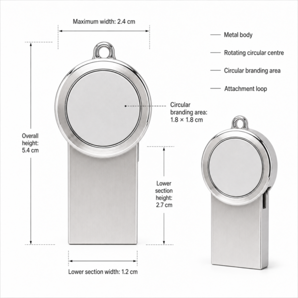 Three quarter view of the AF 109 metal USB flash drive showing its rotating circular centre and attachment loop