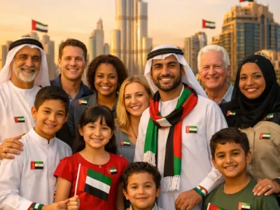 Families and professionals celebrating with UAE flags in Dubai