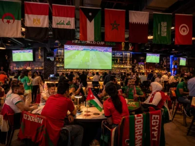 Football supporters and Arab nation flags inside a busy sports bar
