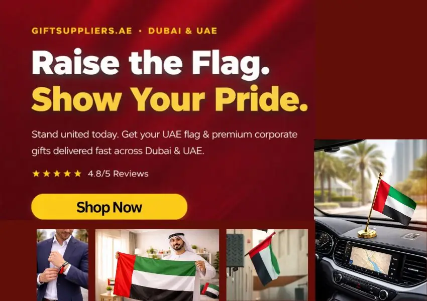 UAE flags and corporate National Day gifts with a Shop Now message