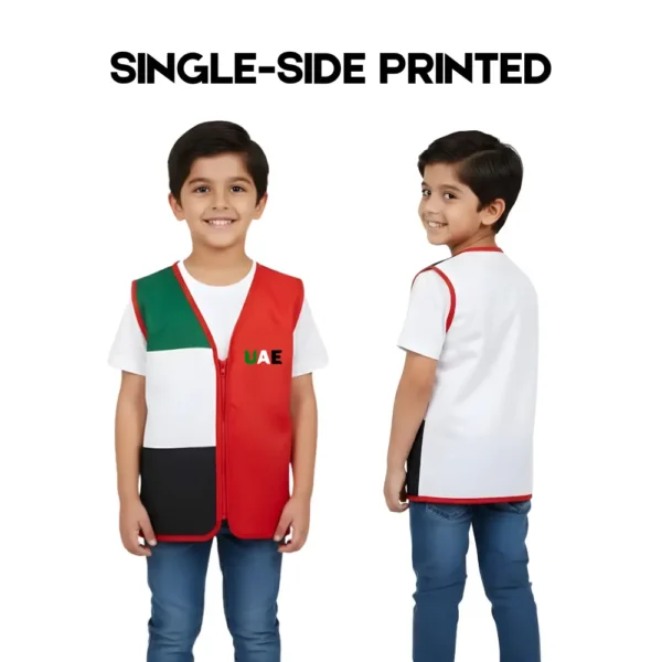Boy modelling the front and back of a UAE National Day printed vest
